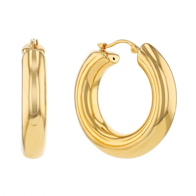 Yellow Gold Wide Tube Hoop Earrings, 6 x 30 mm
